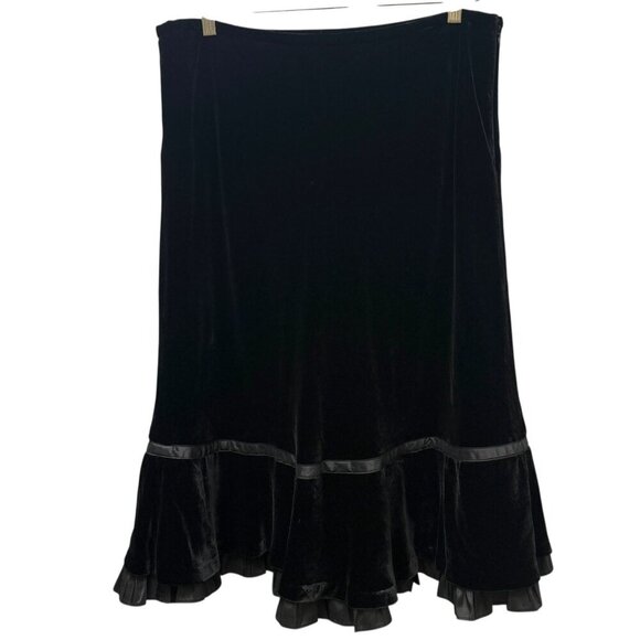 LOFT Ann Taylor Black Velvet Skirt Size 14 Rayon Silk Ruffled Hem Midi Goth Boho - Picture 1 of 11